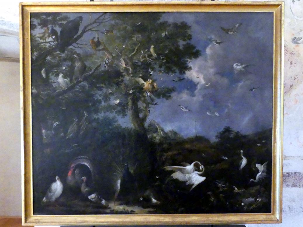 Wenzel Lorenz Reiner (1719–1739), Vögel in einer Landschaft mit einem Lockvogel, Prag, Nationalgalerie im Palais Schwarzenberg, 1. Obergeschoss, Saal 5, vor 1720