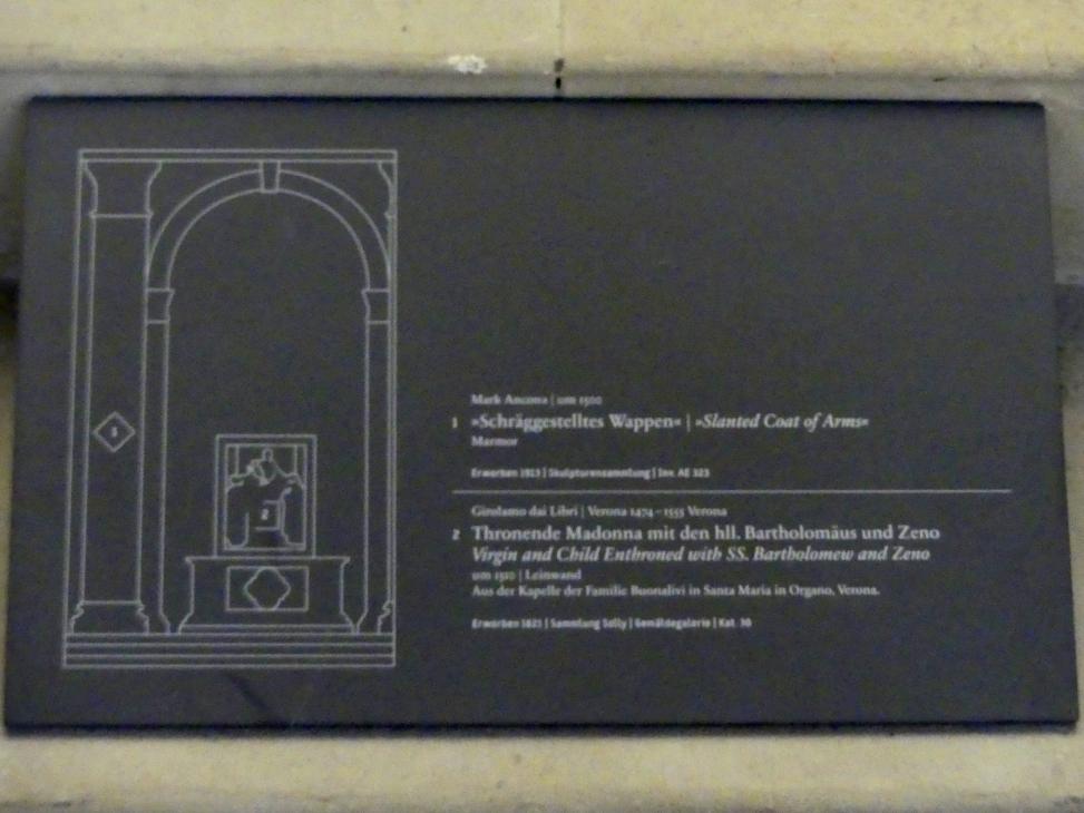 Girolamo dai Libri (1510–1530), Thronende Madonna mit den hll. Bartholomäus und Zeno, Verona, Chiesa di Santa Maria in Organo, jetzt Berlin, Bode-Museum, Basilika, um 1510, Bild 3/3