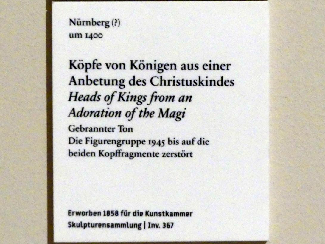 Köpfe von Königen aus einer Anbetung des Christuskindes, Berlin, Bode-Museum, Saal 111, um 1400, Bild 2/2