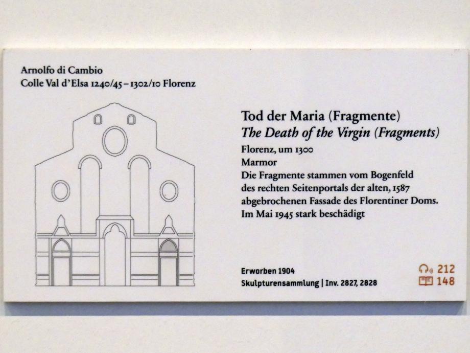 Arnolfo di Cambio (1270–1300), Tod der Maria (Fragmente), Florenz, Dom Santa Maria del Fiore, jetzt Berlin, Bode-Museum, Saal 108, um 1300, Bild 5/5