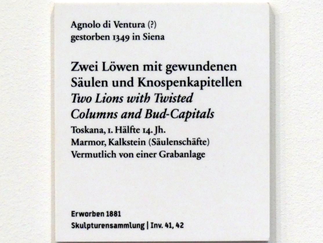 Agnolo di Ventura (1325), Zwei Löwen mit gewundenen Säulen und Knospenkapitellen, Berlin, Bode-Museum, Saal 108, 1. Hälfte 14. Jhd., Bild 4/4