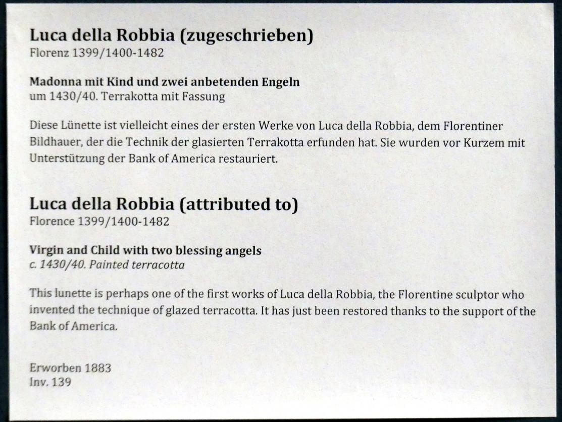 Luca della Robbia (1426–1455), Madonna mit Kind und zwei anbetenden Engeln, Berlin, Bode-Museum, Saal 122, um 1430–1440, Bild 2/2