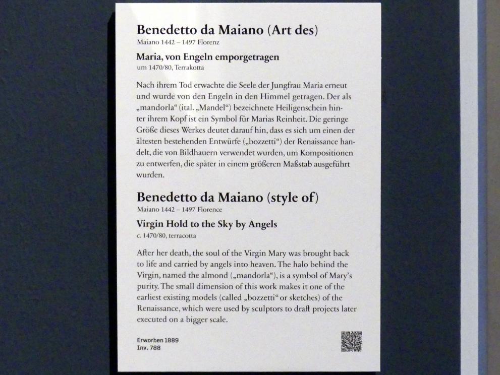 Benedetto da Maiano (Nachahmer) (1475–1497), Maria, von Engeln emporgetragen, Berlin, Bode-Museum, Saal 122, um 1470–1480, Bild 2/2