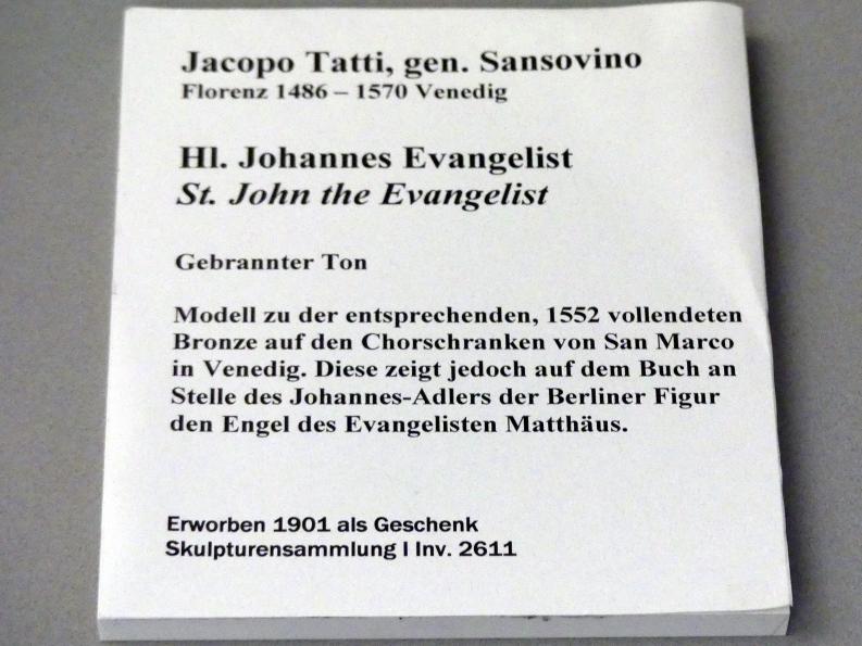 Jacopo Sansovino (Jacopo Tatti) (1535–1551), Hl. Johannes Evangelist, Berlin, Bode-Museum, Saal 131, vor 1552, Bild 4/4