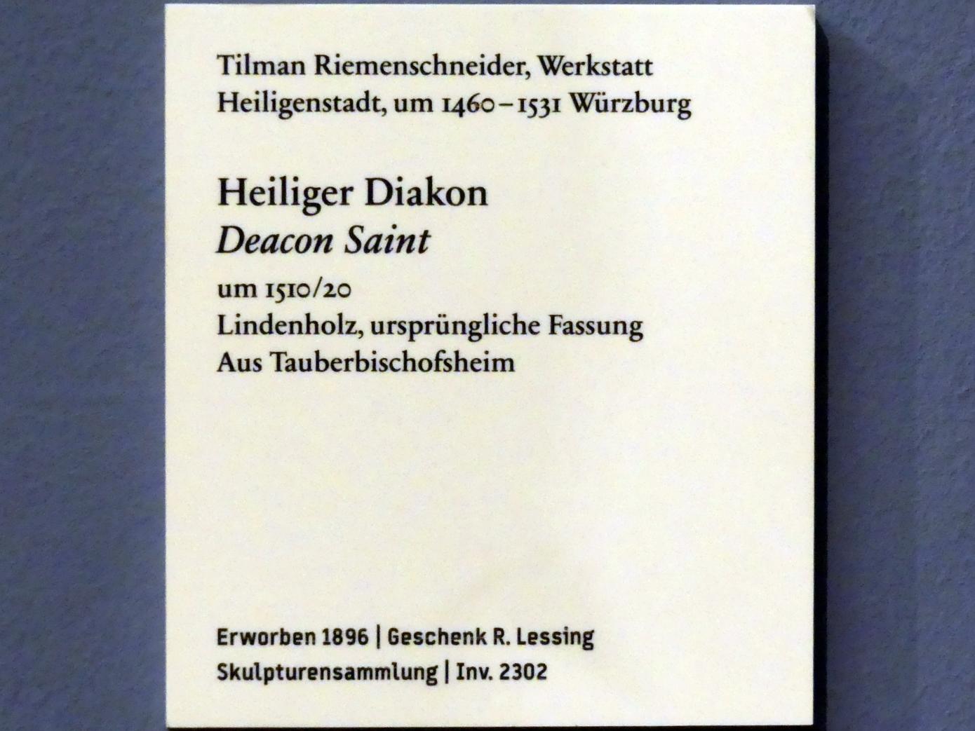 Tilman Riemenschneider (Werkstatt) (1487–1520), Heiliger Diakon, Berlin, Bode-Museum, Saal 212, um 1510–1520, Bild 3/3
