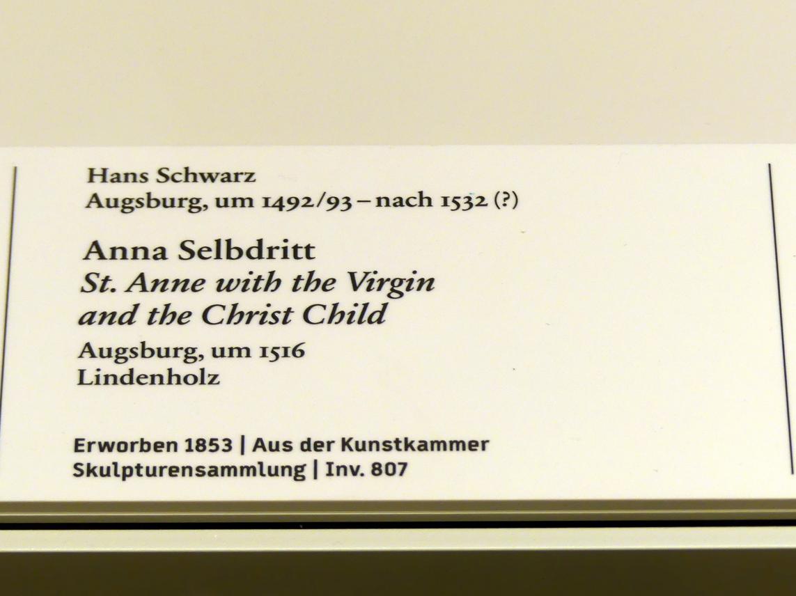 Hans Schwarz (1516–1522), Anna Selbdritt, Berlin, Bode-Museum, Saal 214, um 1516, Bild 2/2