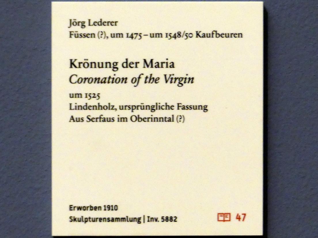 Jörg Lederer (1507–1535), Krönung der Maria, Berlin, Bode-Museum, Saal 215, um 1525, Bild 2/2