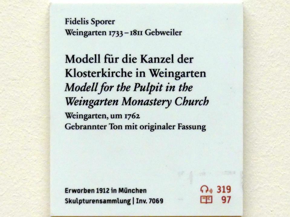 Fidelis Sporer (1762–1780), Modell für die Kanzel der Klosterkirche in Weingarten, Weingarten, ehem. Benediktinerkloster, ehem. Klosterkirche, heute Pfarrkirche St. Martin und St. Oswald, jetzt Berlin, Bode-Museum, Saal 255, um 1762, Bild 2/2