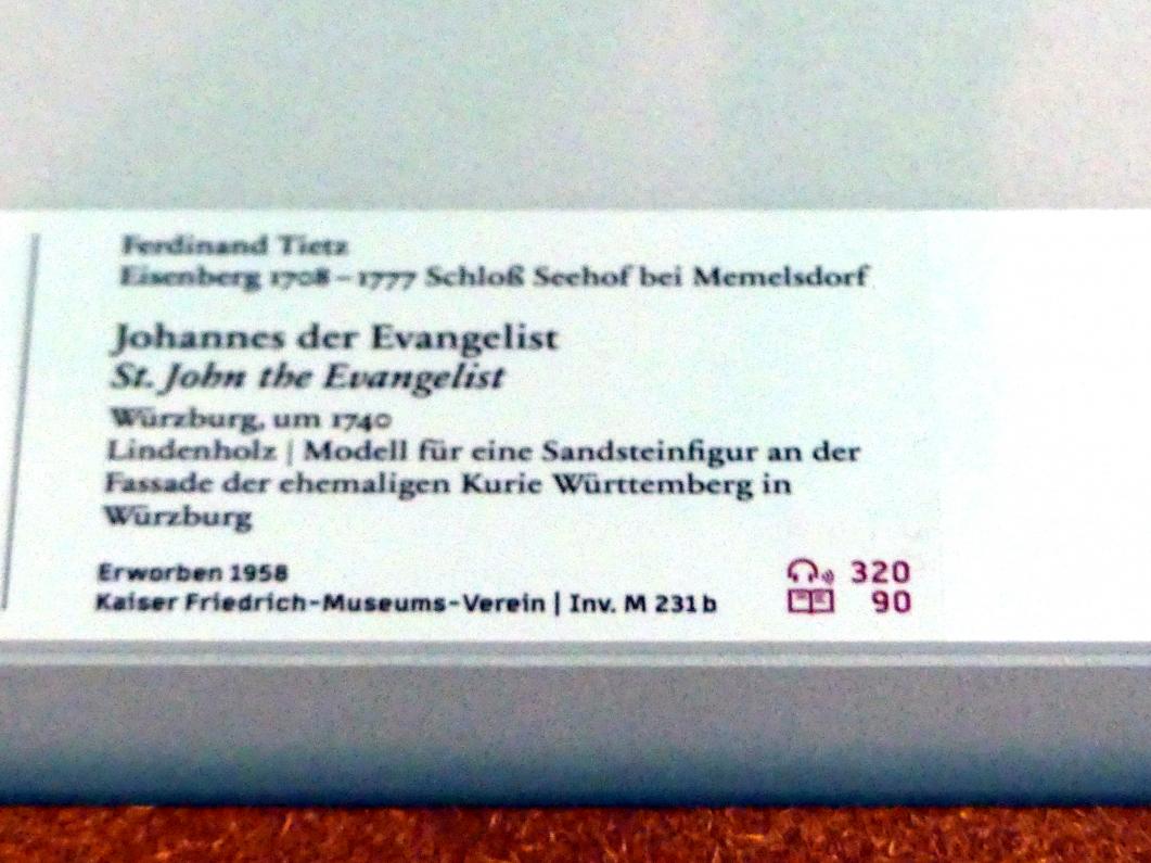 Ferdinand Tietz (Ferdinand Dietz) (1740–1767), Johannes der Evangelist, Würzburg, ehem. Kanonikatshaus Kleinburckstadt, jetzt Berlin, Bode-Museum, Saal 255, um 1740, Bild 2/2