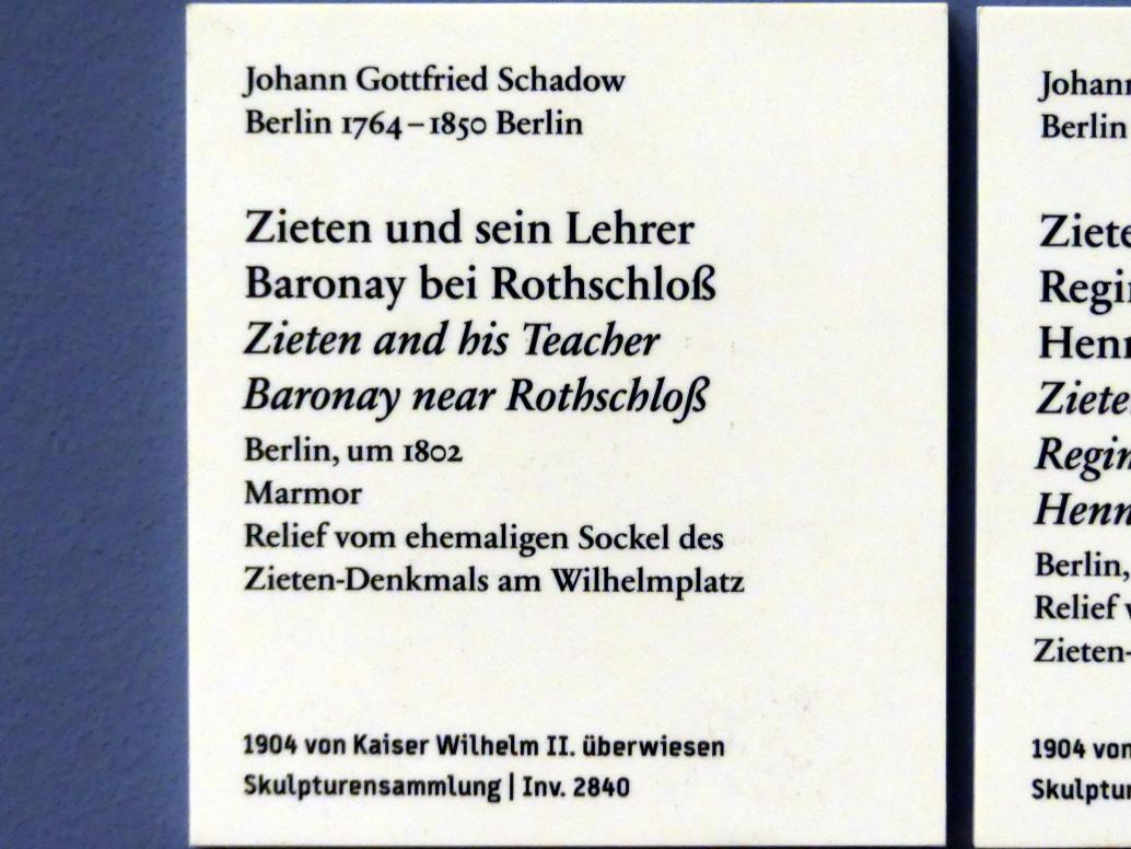 Johann Gottfried Schadow (1789–1826), Zieten und sein Lehrer Baronay bei Rothschloß, Berlin, Wilhelmplatz, jetzt Berlin, Bode-Museum, Saal 258, um 1802, Bild 2/2