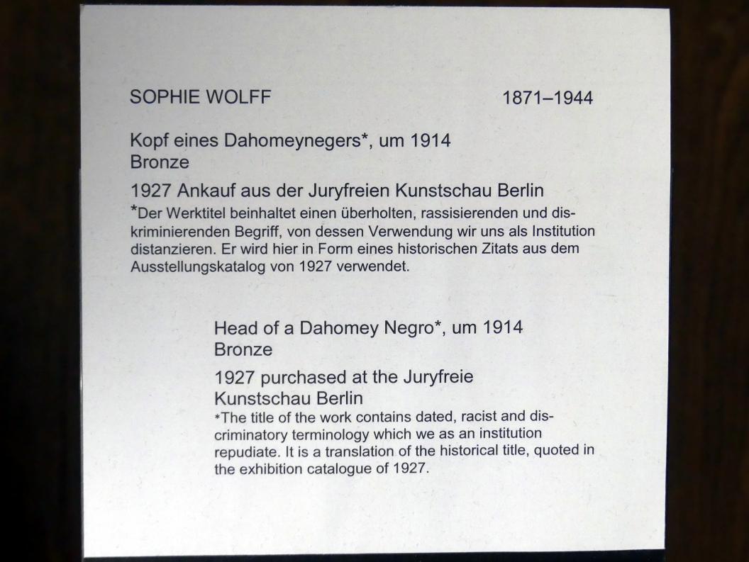 Sophie Wolff (1914), Kopf eines Dahomeynegers, Berlin, Alte Nationalgalerie, Saal 307, Künstlerinnen der Nationalgalerie vor 1919, um 1914, Bild 4/4