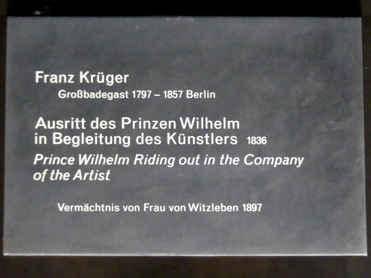 Franz Krüger (1817–1848), Ausritt des Prinzen Wilhelm in Begleitung des Künstlers, Berlin, Alte Nationalgalerie, Saal 311, Romantik, Biedermeier, Düsseldorfer Schule, 1836, Bild 2/2