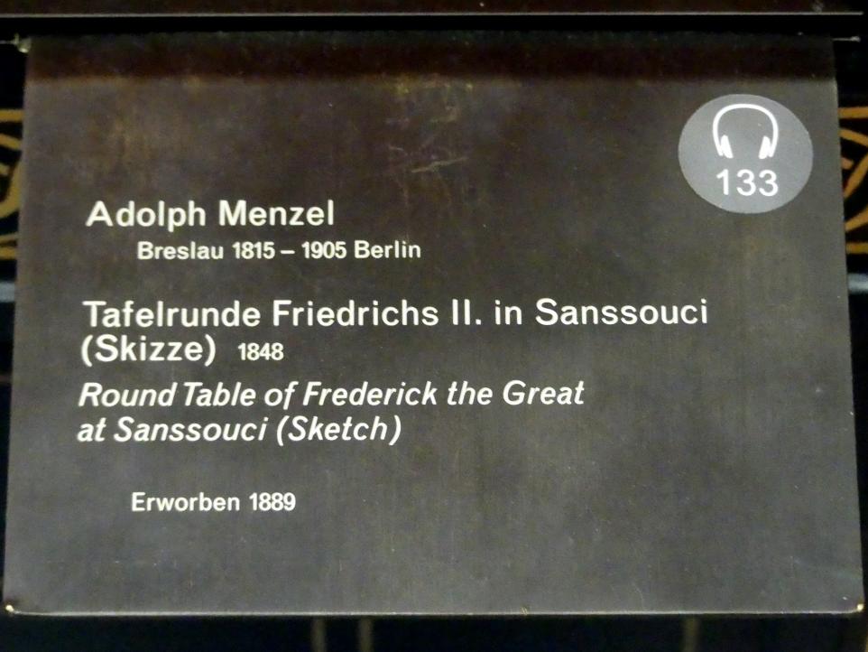 Adolph von Menzel (1844–1888), Tafelrunde Friedrichs II. in Sanssouci (Skizze), Berlin, Alte Nationalgalerie, Saal 105, Adolph Menzel, 1848, Bild 2/2