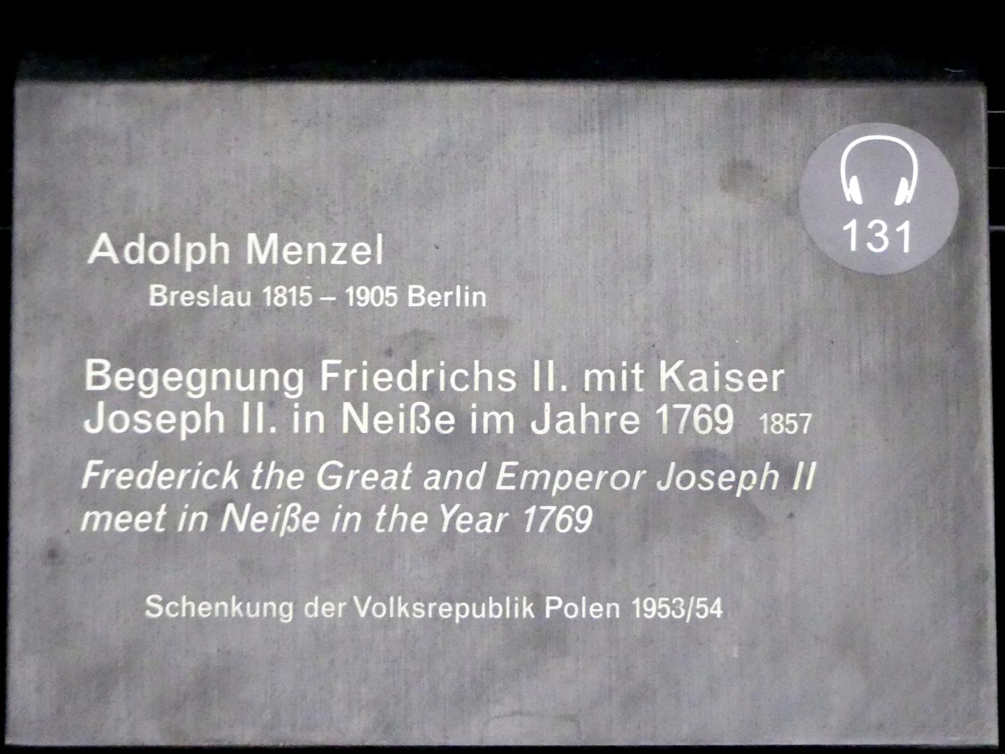 Adolph von Menzel (1844–1888), Begegnung Friedrichs II. mit Kaiser Joseph II. in Neiße im Jahre 1769, Berlin, Alte Nationalgalerie, Saal 106, Adolph Menzel, Franz Krüger, 1857, Bild 2/2