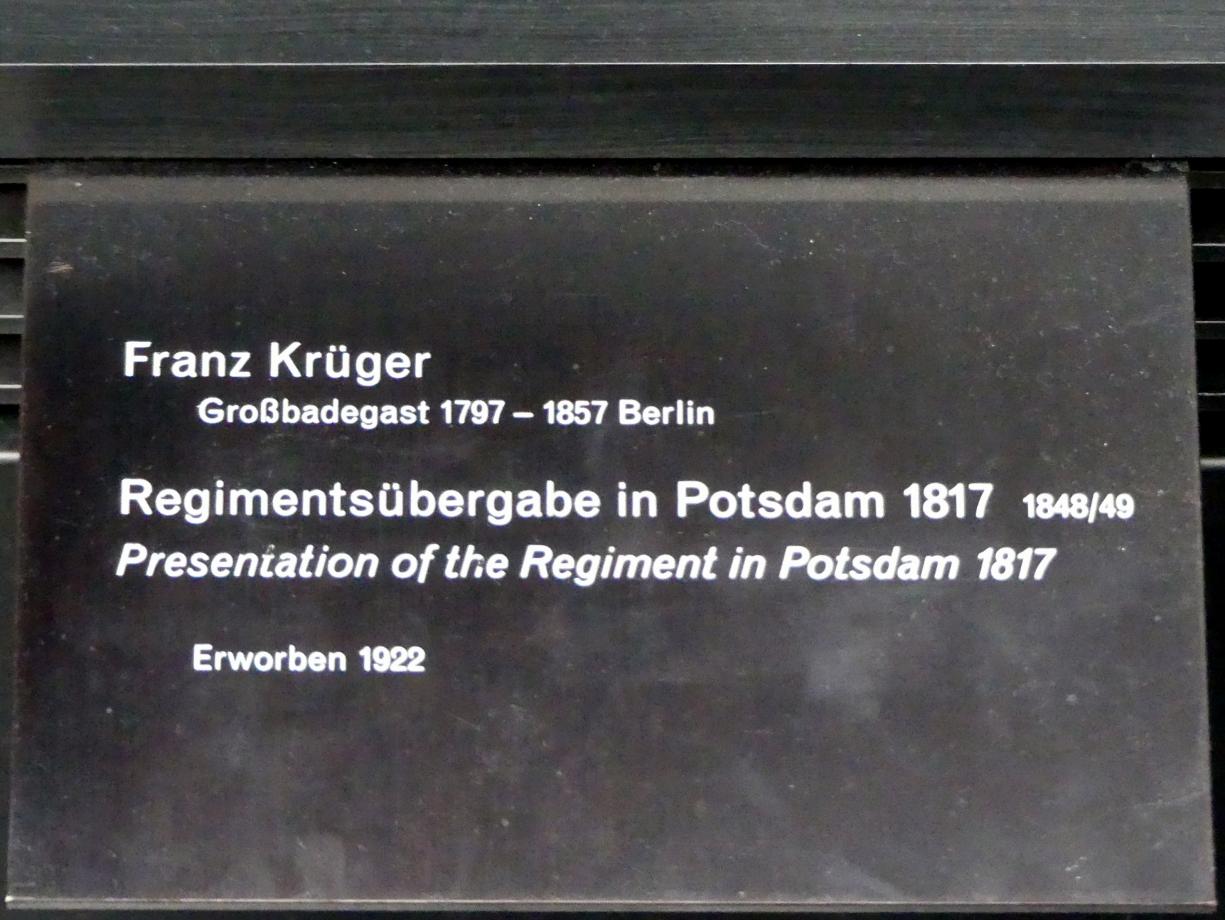 Franz Krüger (1817–1848), Regimentsübergabe in Potsdam 1817, Berlin, Alte Nationalgalerie, Saal 106, Adolph Menzel, Franz Krüger, 1848–1849, Bild 2/2