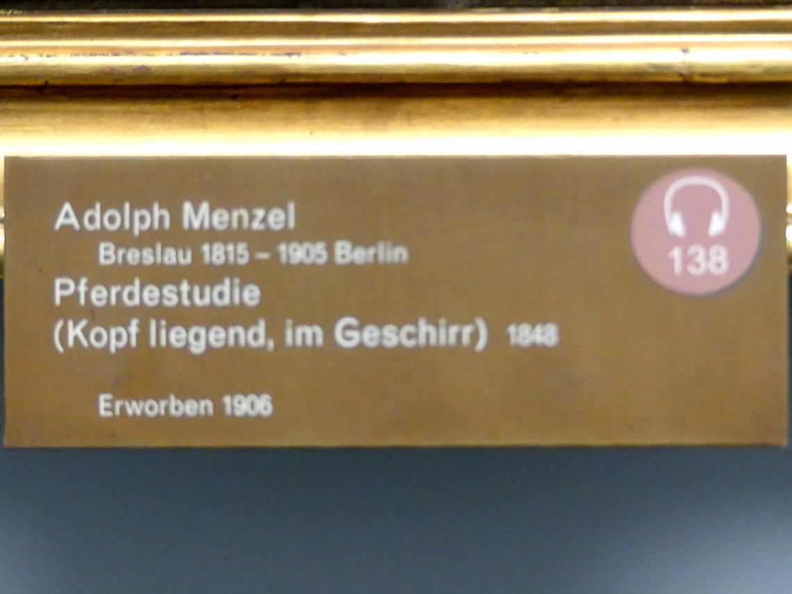 Adolph von Menzel (1844–1888), Pferdestudie (Kopf liegend, im Geschirr), Berlin, Alte Nationalgalerie, Saal 111, Adolph Menzel, 1848, Bild 2/2