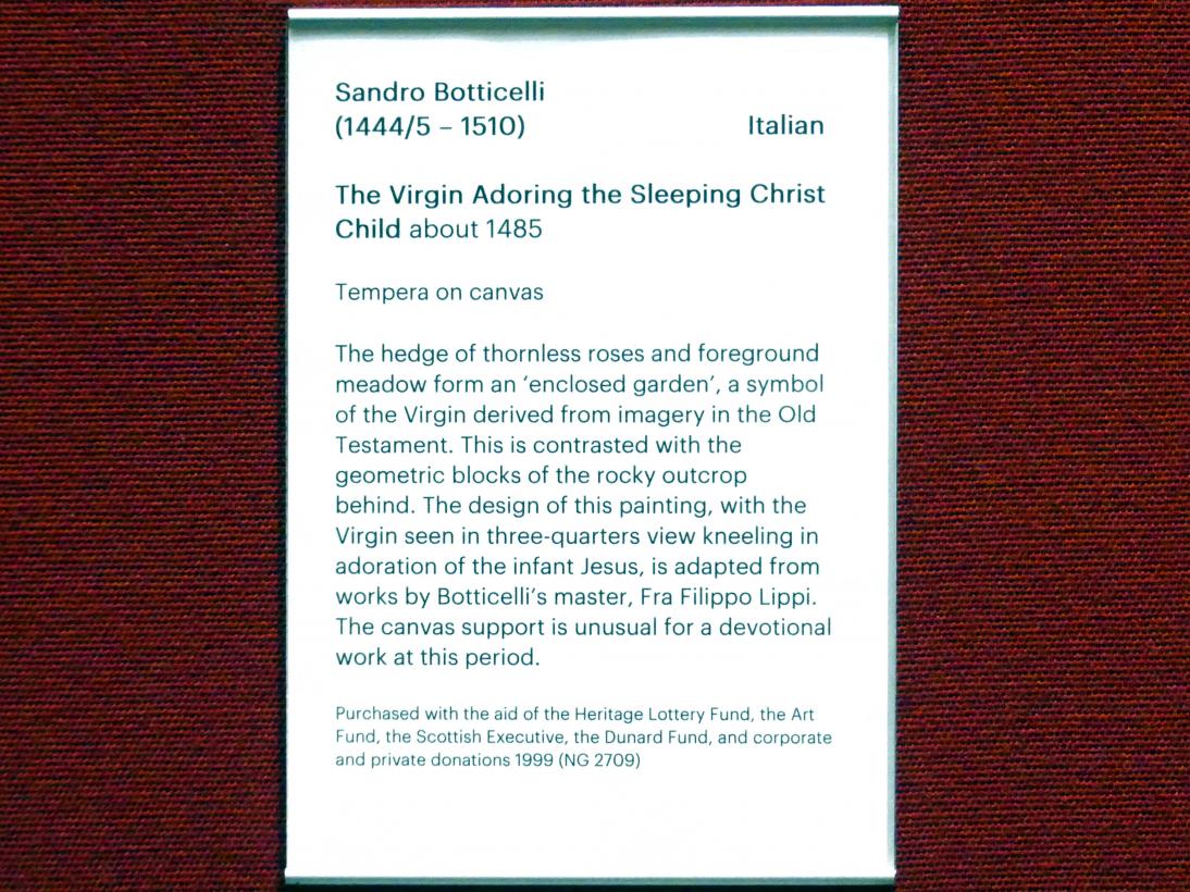 Sandro Botticelli (1462–1500), Die Jungfrau betet das schlafende Christkind an, Edinburgh, Scottish National Gallery, Saal 2, Gotik und Renaissance, um 1485, Bild 2/2