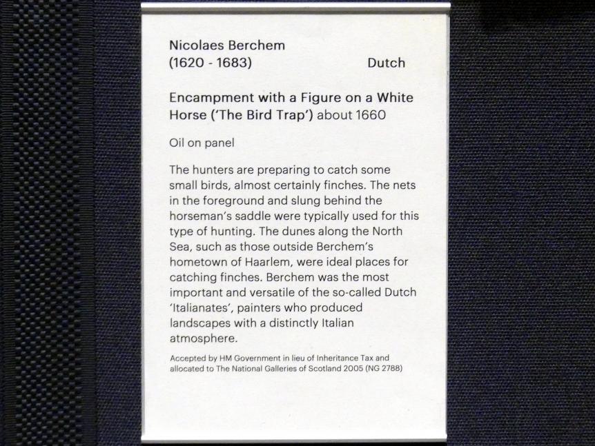 Nicolaes Berchem (1646–1675), Feldlager mit einer Figur auf einem Schimmel ("Die Vogelfalle"), Edinburgh, Scottish National Gallery, Saal 4, Kabinettstücke, um 1660, Bild 2/2