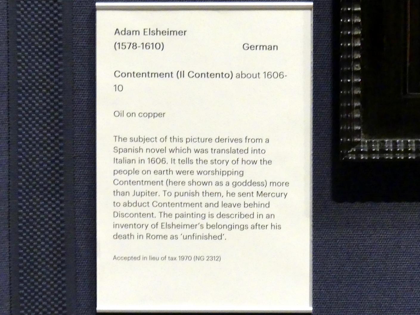 Adam Elsheimer (1597–1609), Die Zufriedenheit (Il Contento), Edinburgh, Scottish National Gallery, Saal 4, Kabinettstücke, um 1606–1610, Bild 2/2