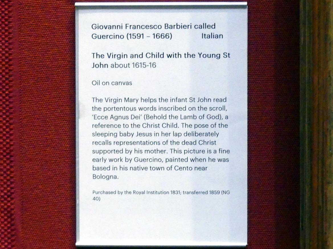 Giovanni Francesco Barbieri (Il Guercino) (Umkreis) (1615–1666), Maria mit Kind und dem Johannesknaben, Edinburgh, Scottish National Gallery, Saal 5, Südeuropäischer Barock, um 1615–1616, Bild 2/2