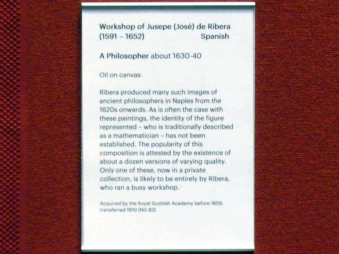 Jusepe de Ribera (Werkstatt) (1635–1637), Bildnis eines Philosophen, Edinburgh, Scottish National Gallery, Saal 5, Südeuropäischer Barock, um 1630–1640, Bild 2/2
