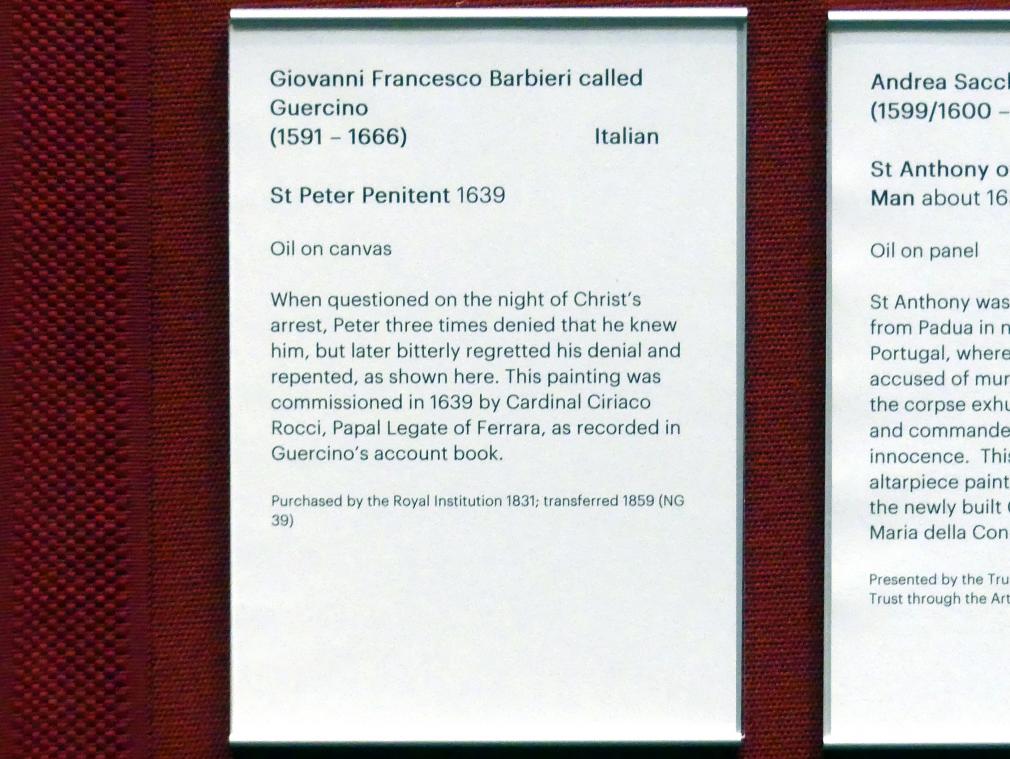 Giovanni Francesco Barbieri (Il Guercino) (1612–1659), Der reuige Petrus, Edinburgh, Scottish National Gallery, Saal 5, Südeuropäischer Barock, 1639, Bild 2/2