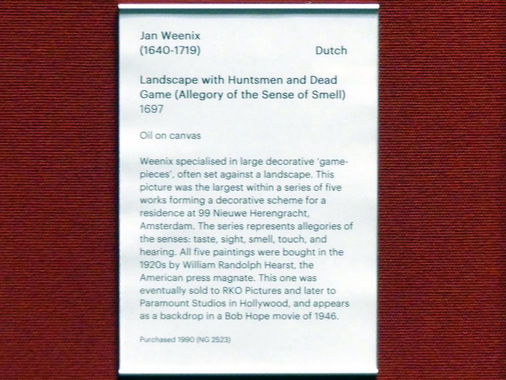 Jan Weenix (1661–1713), Landschaft mit Jäger und totem Wild (Allegorie des Geruchssinnes), Edinburgh, Scottish National Gallery, Saal 7, Niederländische und flämische Malerei, 1697, Bild 2/2