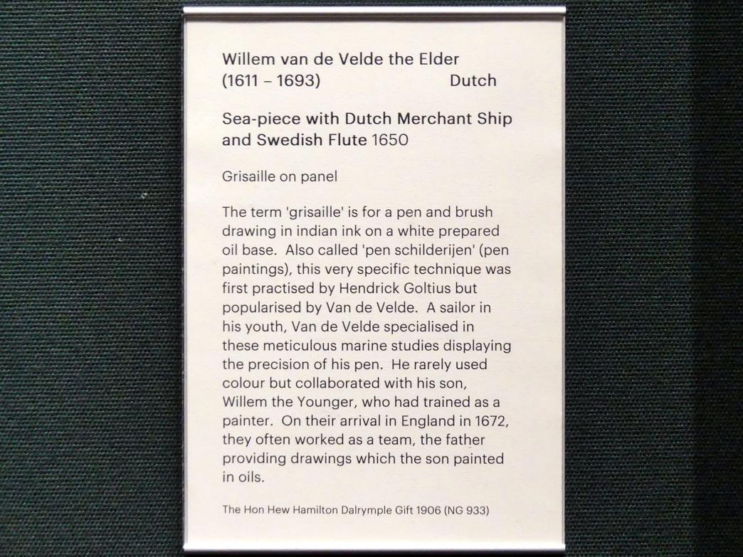 Willem van de Velde der Ältere (1650–1661), Seestück mit holländischem Kaufmannsschiff und schwedischer Fleute, Edinburgh, Scottish National Gallery, Saal 9, Niederländische und flämische Malerei, 1650, Bild 2/2
