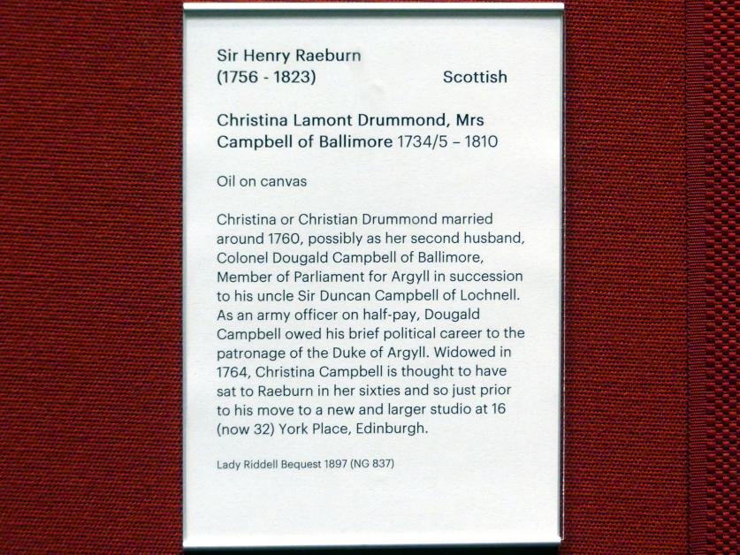 Henry Raeburn (1776–1820), Christina Lamont Drummond, Mrs. Dougald Campbell of Ballimore (1735 - 1810), Edinburgh, Scottish National Gallery, Saal 11, vom Rokoko zur Revolution 1815, Undatiert, Bild 2/2