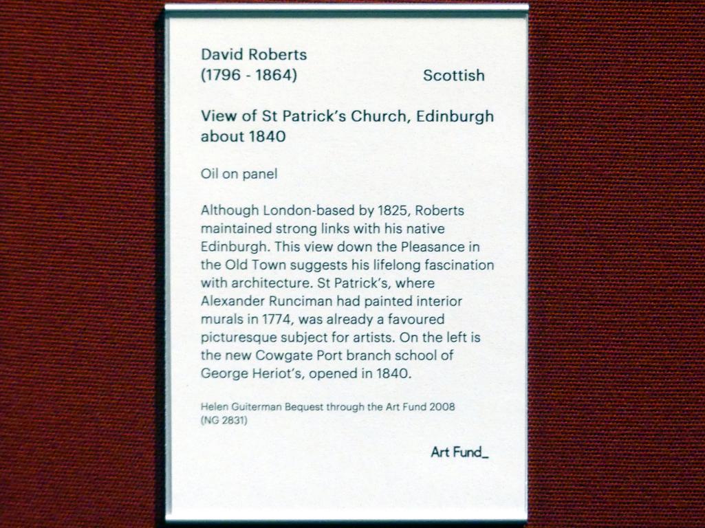 David Roberts (1834–1855), Blick auf die St.-Patrick-Kirche in Edinburgh, Edinburgh, Scottish National Gallery, Saal 12, Malerei als Schauspiel, um 1840, Bild 2/2