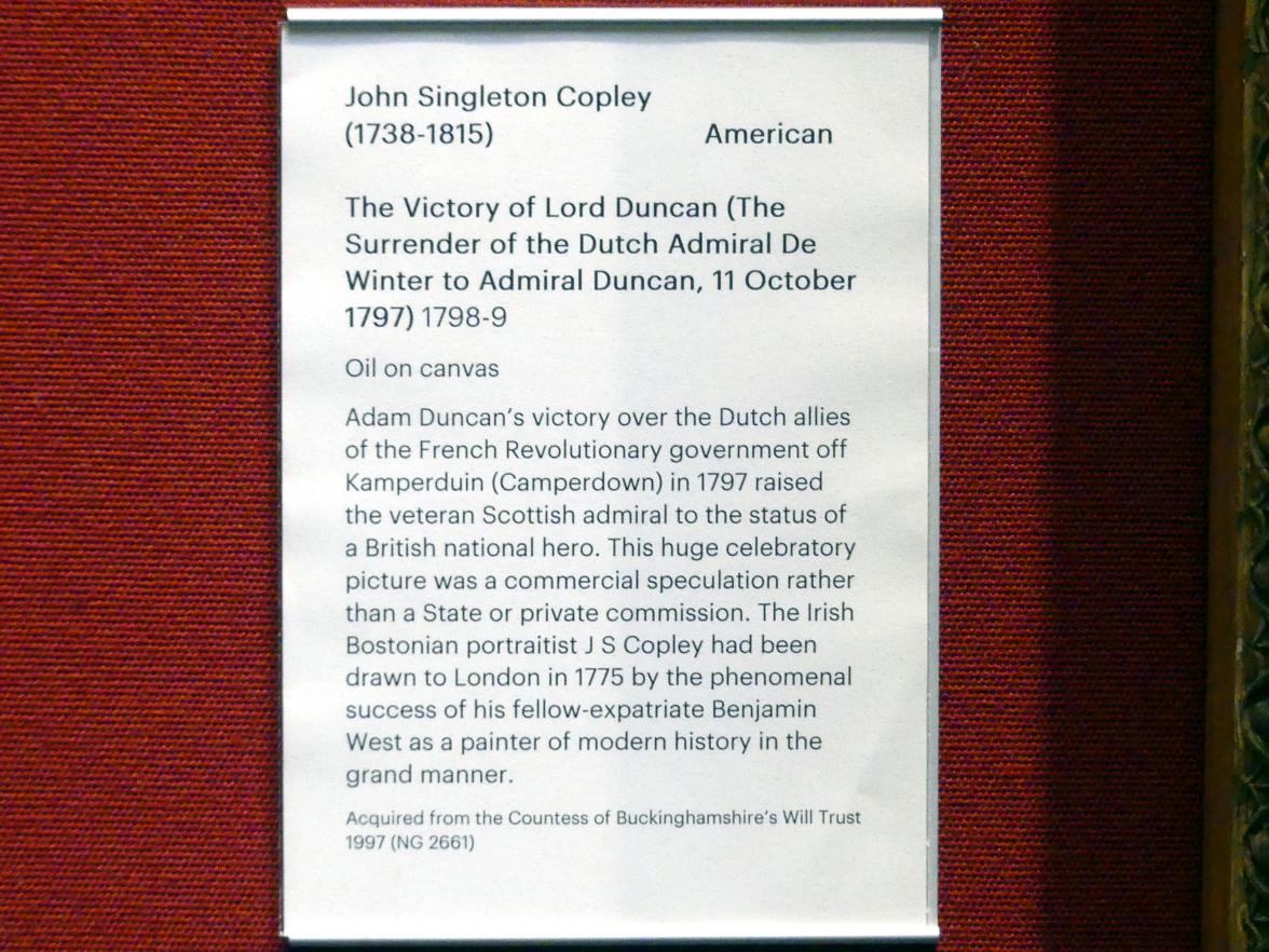 John Singleton Copley (1764–1798), Der Sieg von Lord Duncan (Kapitulation des niederländischen Admirals de Winter vor Admiral Duncan am 11. Oktober 1797), Edinburgh, Scottish National Gallery, Saal 12, Malerei als Schauspiel, 1798–1799, Bild 2/2