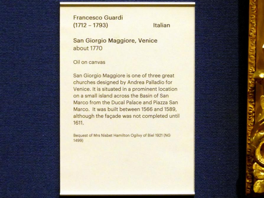 Francesco Guardi (1755–1790), San Giorgio Maggiore in Venedig, Edinburgh, Scottish National Gallery, Saal 14, Kunst des 18. und 19. Jahrhunderts, um 1770, Bild 2/2