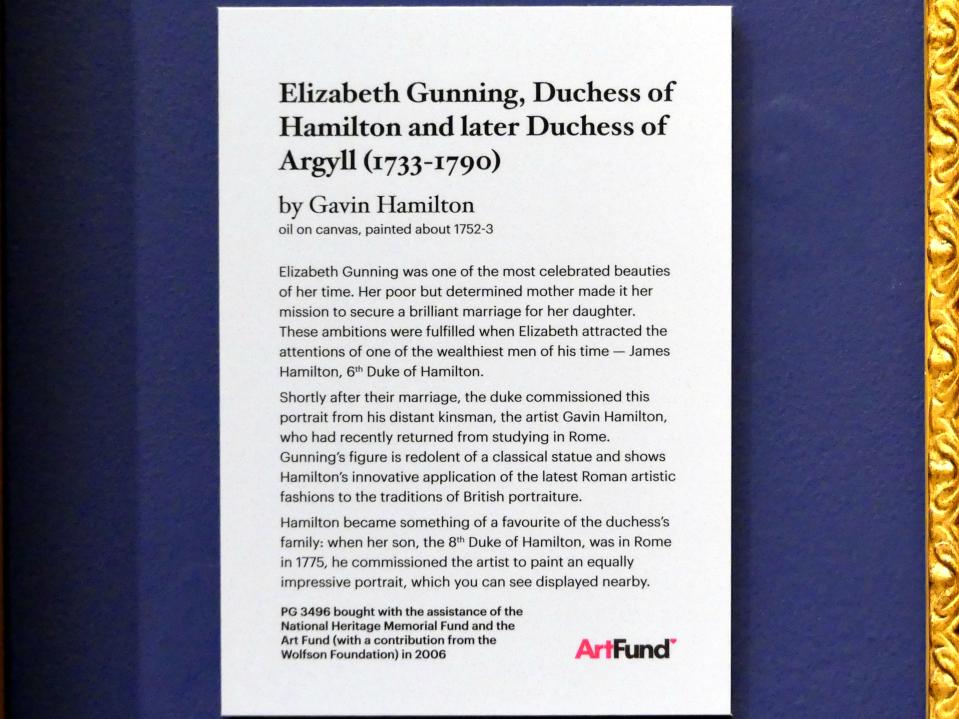 Gavin Hamilton (1748–1778), Elizabeth Gunning, Herzogin von Hamilton und später Herzogin von Argyll (1733-1790), Edinburgh, Scottish National Portrait Gallery, Saal 5-6, um 1752–1753, Bild 2/2