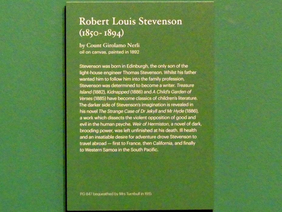 Girolamo Nerli (1892), Robert Louis Stevenson (1850-1894), Edinburgh, Scottish National Portrait Gallery, Saal 10, 1892, Bild 2/2