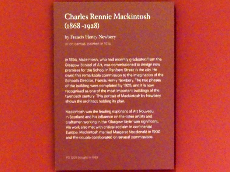 Francis Henry Newbery (1914), Charles Rennie Mackintosh (1868-1928), Edinburgh, Scottish National Portrait Gallery, Saal 9, 1914, Bild 2/2