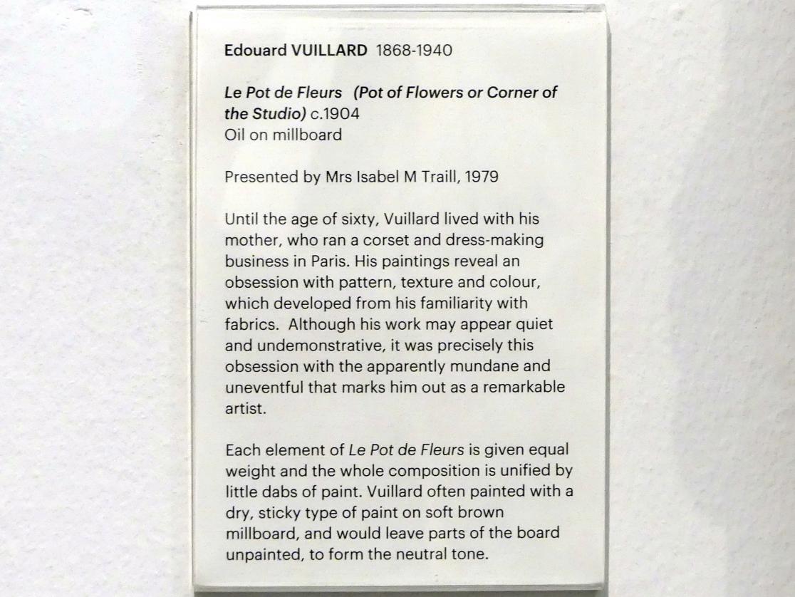 Édouard Vuillard (1889–1939), Le Pot de Fleurs (Blumentopf oder Zimmerecke), Edinburgh, Scottish National Gallery of Modern Art, Gebäude One, Saal 13 - Kunst zur Jahrhundertwende, um 1904, Bild 2/2