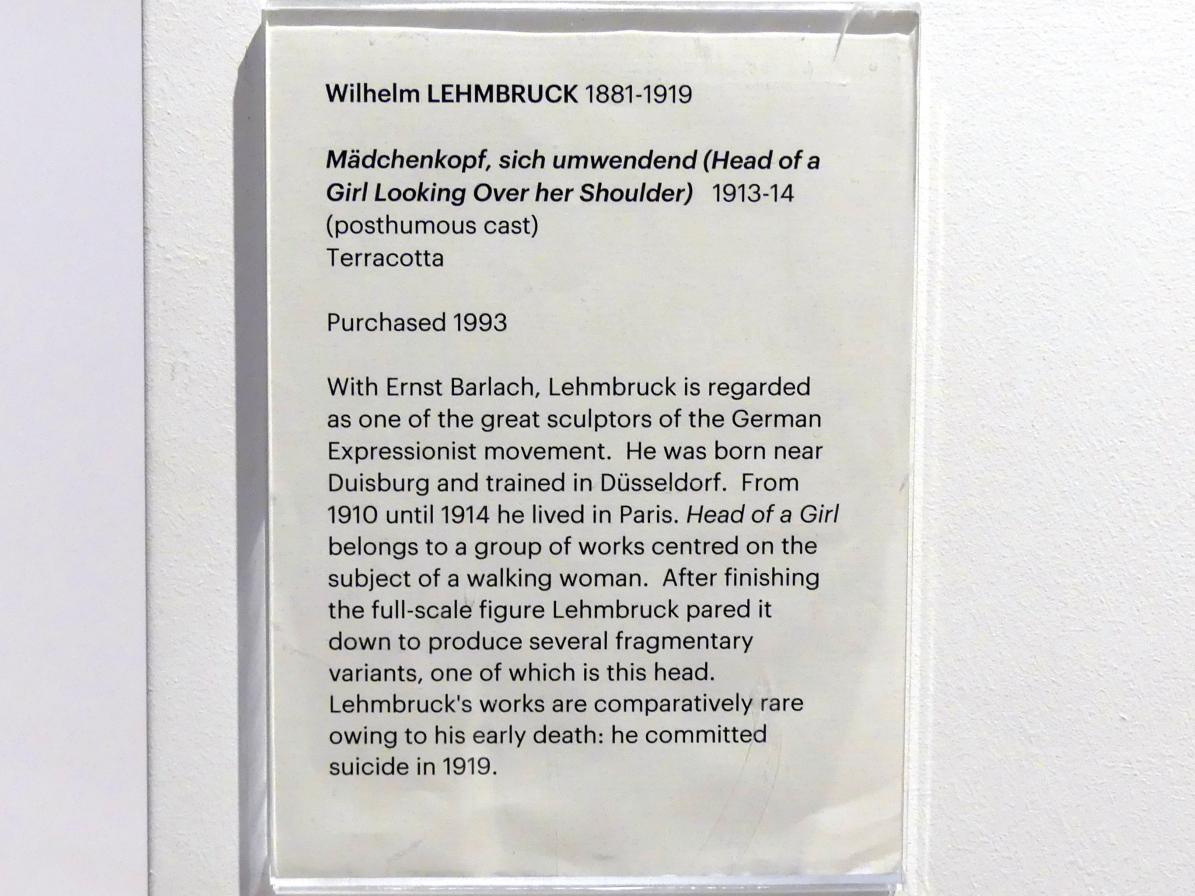 Wilhelm Lehmbruck (1909–1918), Mädchenkopf, sich umwendend, Edinburgh, Scottish National Gallery of Modern Art, Gebäude One, Saal 14 - Expressive Kunst zu Beginn des 20. Jahrhunderts, 1913–1914, Bild 5/5