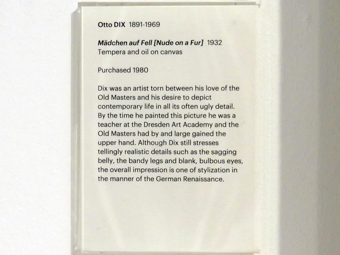 Otto Dix (1913–1949), Mädchen auf Fell, Edinburgh, Scottish National Gallery of Modern Art, Gebäude One, Saal 14 - Expressive Kunst zu Beginn des 20. Jahrhunderts, 1932, Bild 2/2