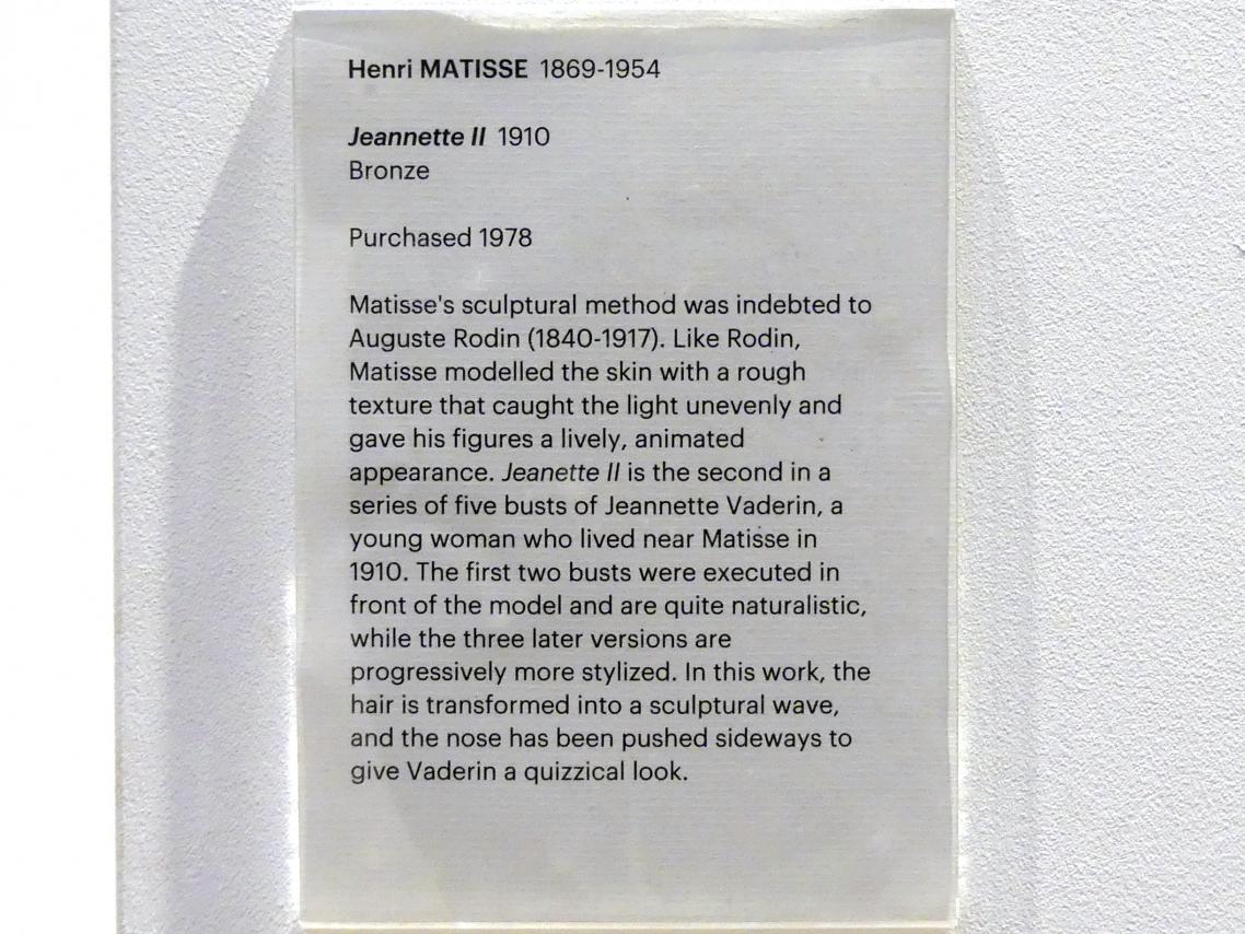 Henri Matisse (1898–1953), Jeannette II, Edinburgh, Scottish National Gallery of Modern Art, Gebäude One, Saal 14 - Expressive Kunst zu Beginn des 20. Jahrhunderts, 1910, Bild 5/5