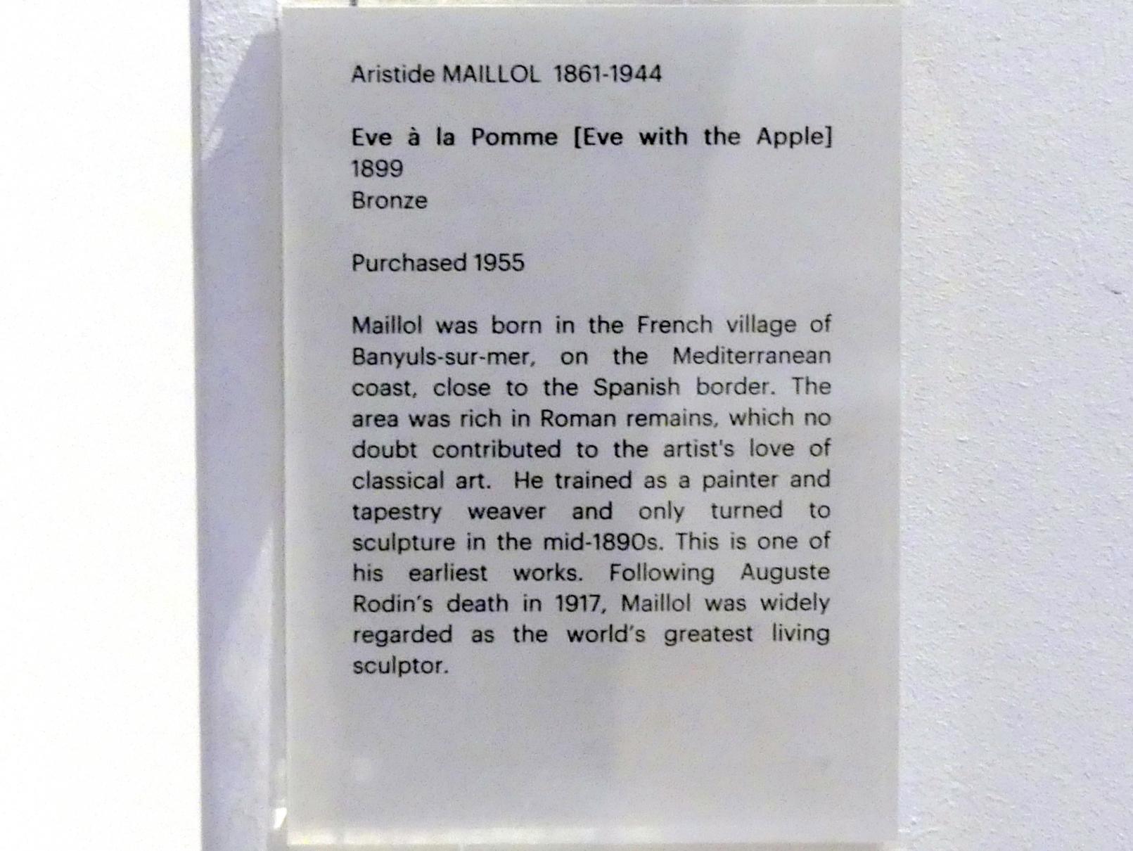 Aristide Maillol (1899–1931), Eva mit dem Apfel, Edinburgh, Scottish National Gallery of Modern Art, Gebäude One, Saal 14 - Expressive Kunst zu Beginn des 20. Jahrhunderts, 1899, Bild 4/4