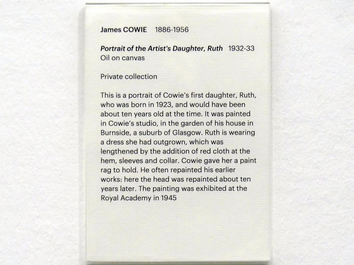 James Cowie (1932), Porträt der Tochter des Künstlers, Ruth, Edinburgh, Scottish National Gallery of Modern Art, Gebäude One, Saal 15 - Figurative Kunst in Schottland und England 1918-1945, 1932–1933, Bild 2/2