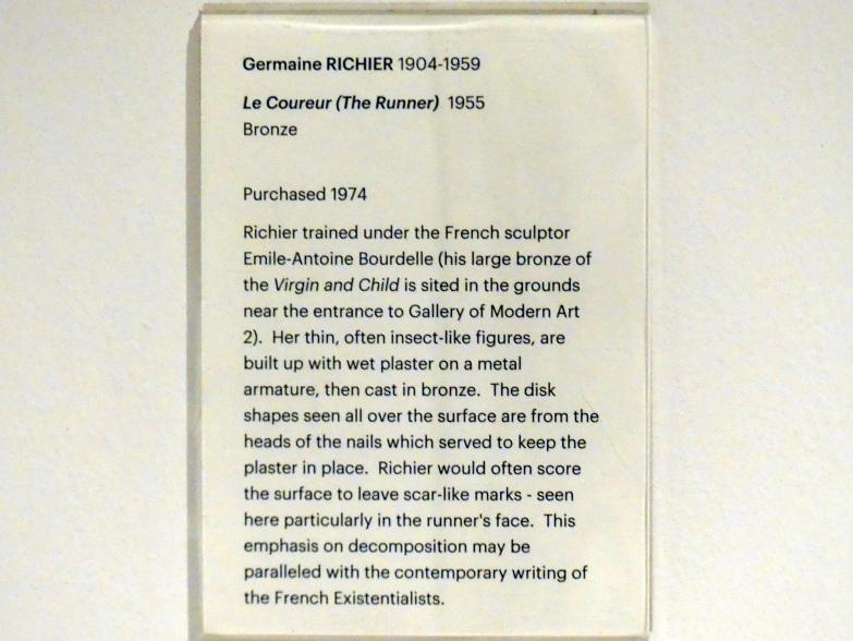 Germaine Richier (1930–1959), Le Coureur (Der Läufer), Edinburgh, Scottish National Gallery of Modern Art, Gebäude One, Saal 19: jenseits der Farbe: Gestik und Materialität in der Nachkriegszeit - europäische Kunst, 1955, Bild 4/4