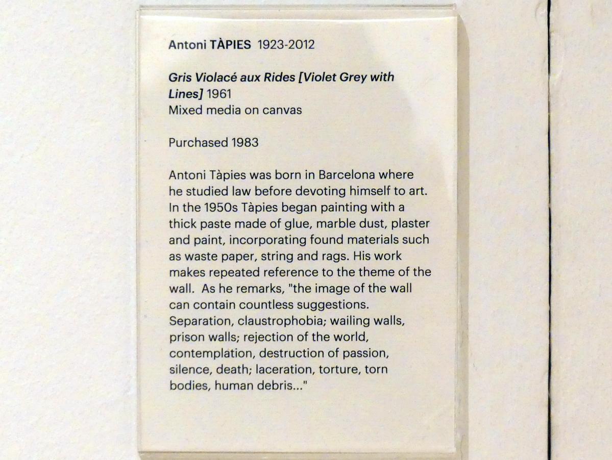 Antoni Tàpies (1946–1976), Gris Violacé aux Rides (Violett Grau mit Linien), Edinburgh, Scottish National Gallery of Modern Art, Gebäude One, Saal 19: jenseits der Farbe: Gestik und Materialität in der Nachkriegszeit - europäische Kunst, 1961, Bild 2/2