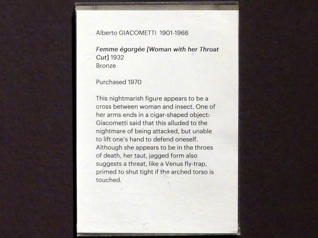 Alberto Giacometti (1914–1965), Frau mit durchgeschnittener Kehle, Edinburgh, Scottish National Gallery of Modern Art, Gebäude One, Saal 20: jenseits des Realismus - Dada und Surrealismus, 1932, Bild 5/5