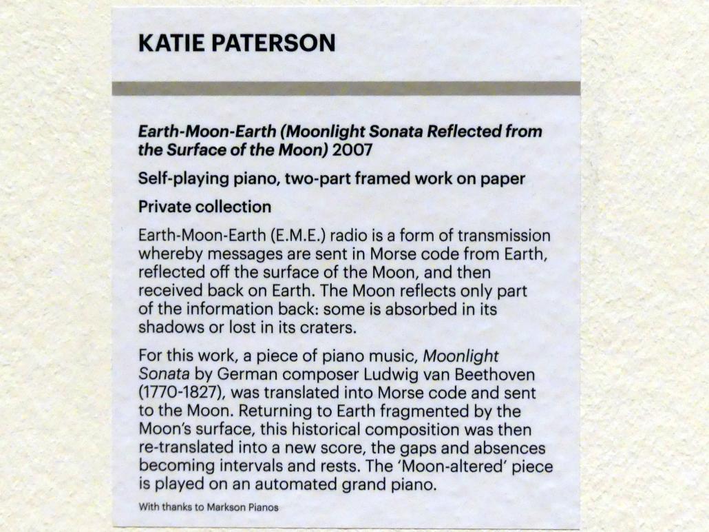 Katie Paterson (2007–2019), Erde-Mond-Erde (Mondscheinsonate reflektiert von der Mondoberfläche), Edinburgh, Scottish National Gallery of Modern Art, Gebäude One, Saal 7 - Katie Paterson, 2007, Bild 3/3