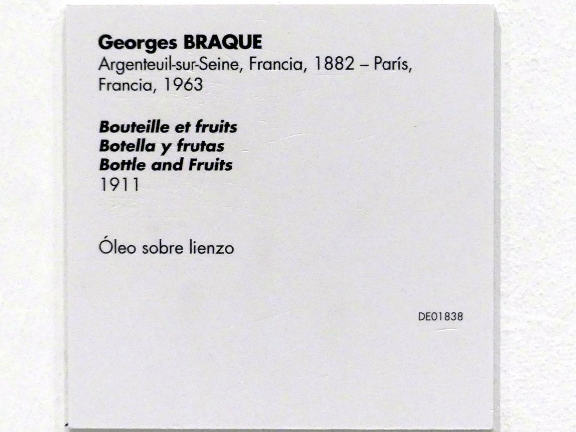 Georges Braque (1906–1956), Flasche und Obst, Madrid, Museo Reina Sofía, Saal 210, 1911, Bild 2/2