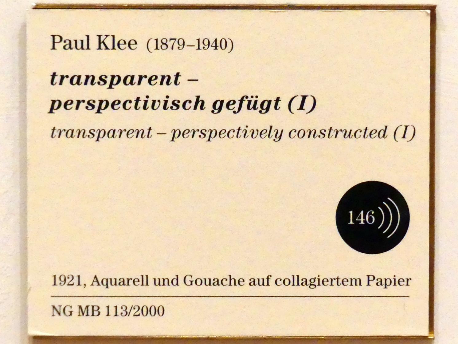 Paul Klee (1904–1940), transparent-perspectivisch gefügt (I), Berlin, Museum Berggruen, Kommandantenhaus, 1. Obergeschoss, 1921, Bild 2/2