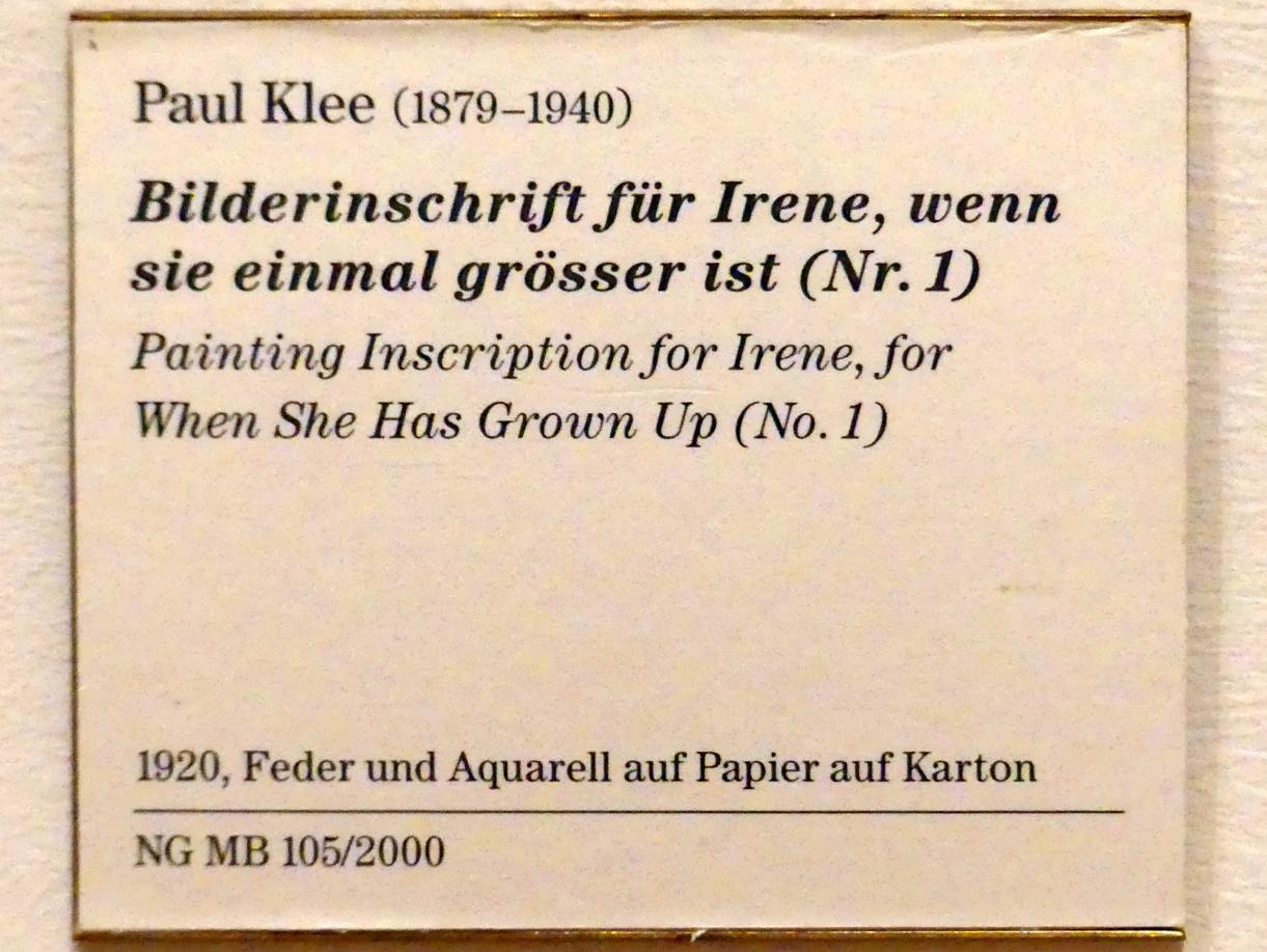 Paul Klee (1904–1940), Bilderinschrift für Irene, wenn sie einmal grösser ist (Nr. 1), Berlin, Museum Berggruen, Kommandantenhaus, 1. Obergeschoss, 1920, Bild 3/3