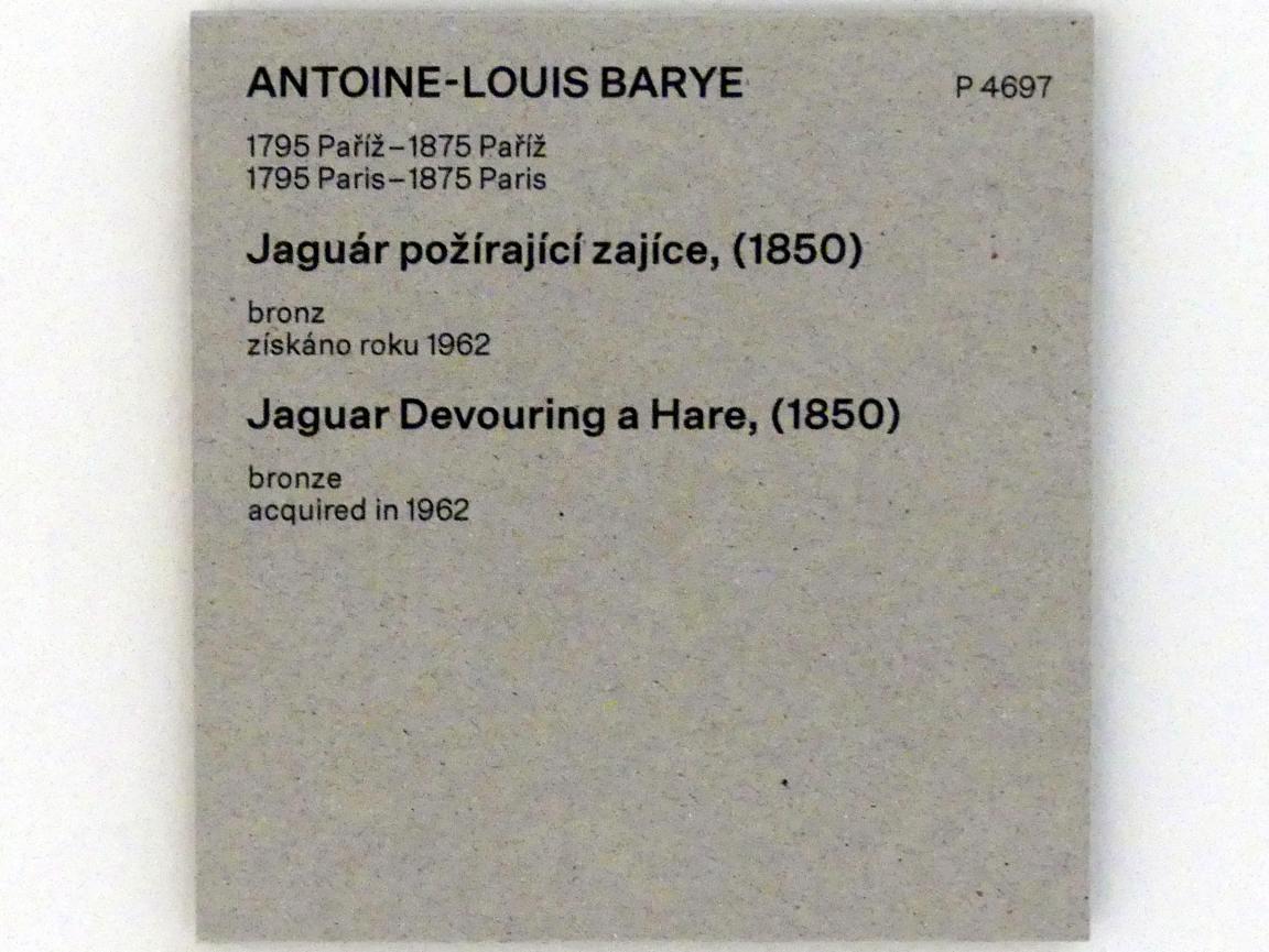 Antoine-Louis Barye (1832–1864), Jaguar einen Hasen reißend, Prag, Nationalgalerie im Messepalast, Das lange Jahrhundert, Saal 13, 1850, Bild 4/4
