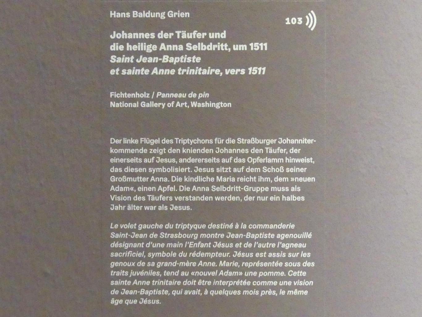 Hans Baldung Grien (1500–1544), Johannes der Täufer und die heilige Anna Selbdritt, Karlsruhe, Staatliche Kunsthalle, Ausstellung "Hans Baldung Grien, heilig | unheilig", Saal 2, um 1511, Bild 2/2